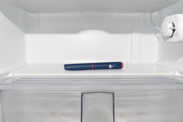 Insulin pen isolated in a refrigerator empity. Controle temperature for the insulin hormone 