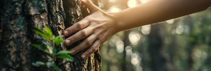 Human hand gently touching a tree trunk, with new leaves sprouting symbolizing growth and connection with nature