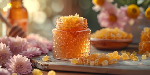 Closeup of golden honey in a glass jar with honeycomb and wooden dipper on a rustic table. - Powered by Adobe