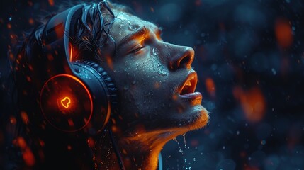 Portrait of a man with headphones listening to music in the rain