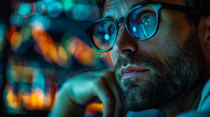 A man with glasses. The image has a blurry background and a colorful, abstract look. The man's face is the main focus of the image, and he is engaged in a conversation