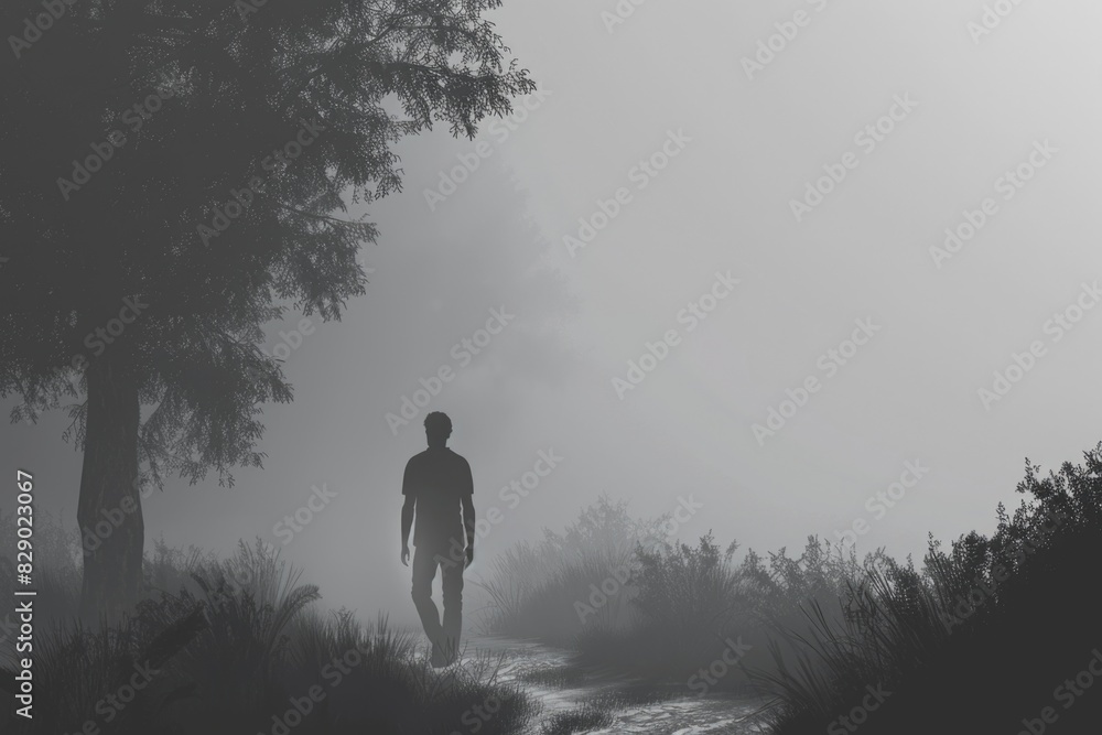 Poster a person walking down a path in the fog. ideal for illustrating a mysterious and atmospheric scene