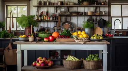 Rustic farmhouse kitchen with vintage decor and fresh produce on the counter