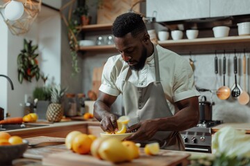 Fototapeta premium Black man cooking healthy meal at home with family.