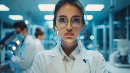 Fototapeta premium A woman wearing a white lab coat and glasses stands in front of a group of people