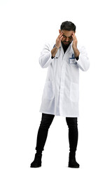 The doctor, in full height, on a white background, tired