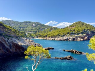 Cala Aiguafreda, wonderful bay with turquoise colored water of the Mediterranean Sea between Sa...