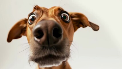 A Dog Looks Directly at the Camera with a Surprised and Confused Expression in a Video. Humor Concept Video. Dachshund with Big Eyes and a Perplexed Look in a Video on white background - Powered by Adobe