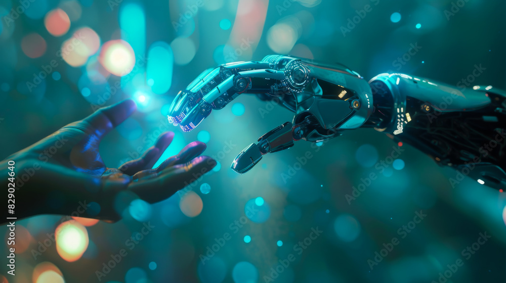 Poster robotic hands are touching each other in a blue background. the scene is futuristic and gives off a 
