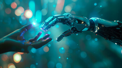 Robotic hands are touching each other in a blue background. The scene is futuristic and gives off a sense of connection and unity