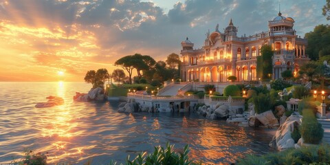 Fototapeta premium Golden Hour Elegance: Oceanfront Estate, generative ai