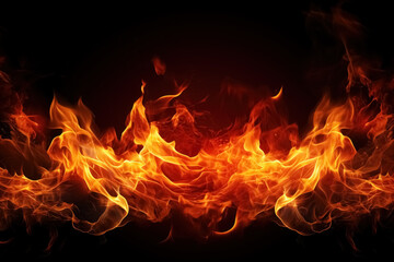 Fototapeta premium Fireplace of burning powerful fire with black coals, burnt wood in flames of fire, dynamic bright background with copy space, banner for design