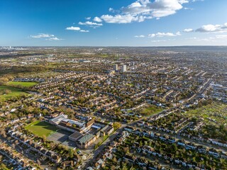 The drone aerial view of New Malden.  New Malden is an area in South West London, England. It is located within the Royal Borough of Kingston upon Thames and the London Borough of Merton.