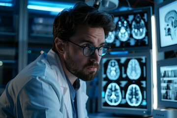 A focused male medical professional analyzing brain scans in a dimly lit laboratory setting