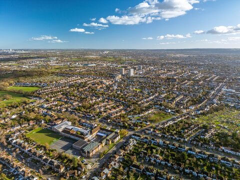 The drone aerial view of New Malden.  New Malden is an area in South West London, England. It is located within the Royal Borough of Kingston upon Thames and the London Borough of Merton.