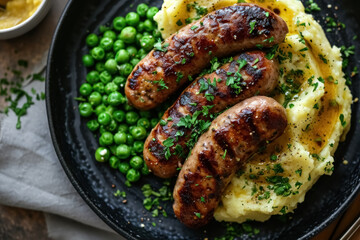 Pork sausages with creamy mashed potatoes, gravy sauce, green peas and greenery on black plate on dark grey background and napkin overhand