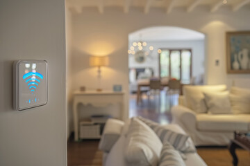 White router with blue Wi-Fi icon hangs on wall of bright, well-lit living room in modern smart house, wireless internet for convenience of life, blurry background