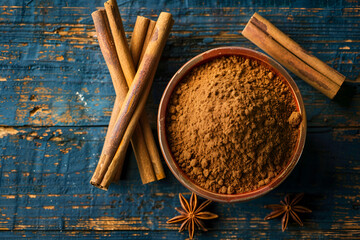 bowl of cinnamon powder and sticks on wooden table flat lay