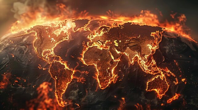 photorealistic world map dramatic shot world on fire