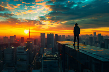 Fototapeta premium A silhouette of a man standing on the edge of a skyscraper rooftop, overlooking a vibrant cityscape at sunset with dramatic clouds and glowing skyline