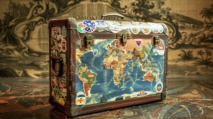 Vintage suitcase covered with stickers from all over the world against the background of an old map