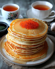 Large stack homemade thin pancakes decorated with red caviar on white plate and cups of tea on wooden background, festive dish for maslenitsa week