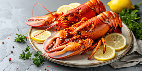 Two cooked boiled lobsters with sliced lemons and parsley serving on light plate on grey concrete background, healthy seafood