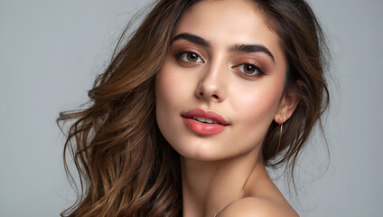 Fototapeta premium Close up portrait of a beautiful woman with glowing face. Beauty product commercial photo, glamorous portrait, Generative AI 