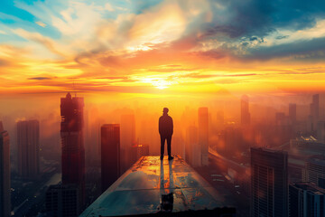 Fototapeta premium A silhouette of a man standing on the edge of a rooftop, overlooking a sprawling cityscape bathed in the golden hues of a breathtaking sunrise, symbolizing hope, ambition