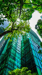 Trees and green environment in eco-friendly glass office, Sustainable building