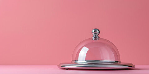 Glass cloche on monochromatic pink background with copy space, banner