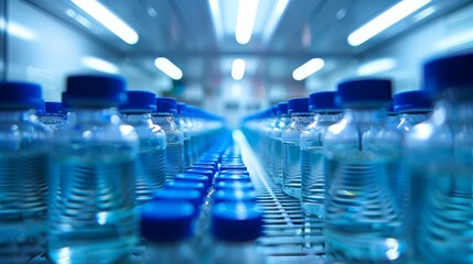 Obraz premium Rows of medical vials in blue caps inside a brightly lit refrigerator 