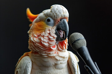 White cockatoo parrot singing song in microphone, records track in recording studio. Parrot singer isolated on black background