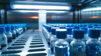 Fototapeta premium Rows of medical vials in blue caps inside a brightly lit refrigerator 