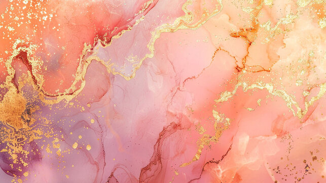 Peach pink and gold gradient holographic background. Marble gold.