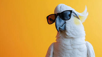 White cockatoo parrot in sunglasses on bright yellow background with space for text. Summer banner for advertising or web