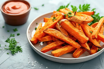 Close up baked sweet potato fries with sauce ketchup and salt on white plate on grey concrete background, tasty appetizer