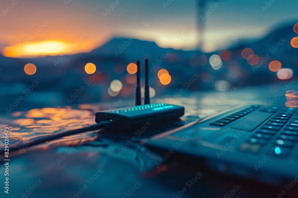 Poster digital nomad using a powerful router to stay connected in remote locations, emphasizing the mobilit