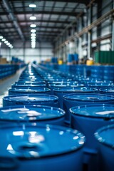 Obraz premium Rows of blue industrial barrels in warehouse setting