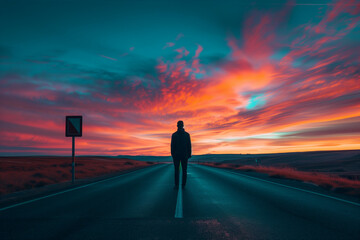 Fototapeta premium A Lone Man Stands on an Empty Road at Dawn, Facing a Vibrant Sky Filled with Red and Blue Hues, Symbolizing Solitude and Contemplation