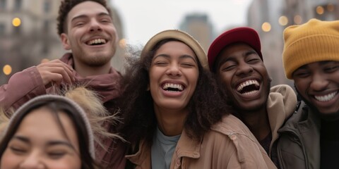 A playful and exuberant group of diverse friends sharing a laugh outside in the city