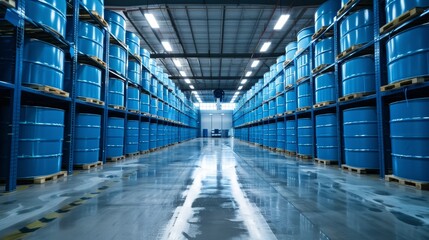 Rows of blue industrial barrels in warehouse setting