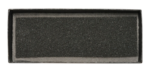 Open black rectangular box with foam inside on isolated background