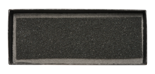 Open black rectangular box with foam inside on isolated background