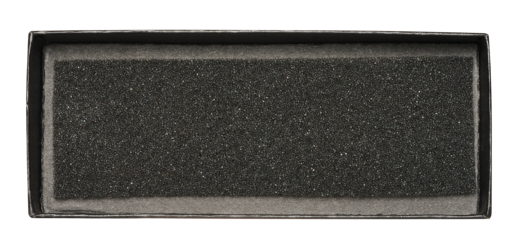 Open black rectangular box with foam inside on isolated background