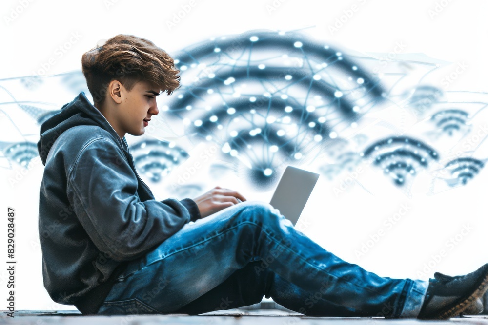Poster digital nomad accessing cloud services in a natural setting, demonstrating the flexibility of modern