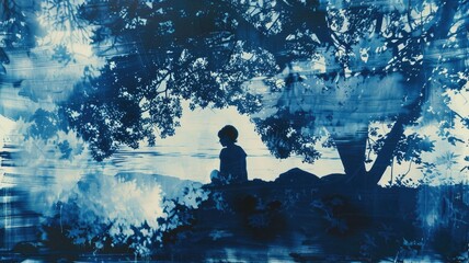 art in cyanotype, featuring serene landscapes and detailed portraits