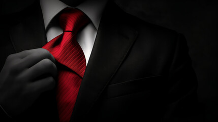 Man Adjusting Red Tie in Dramatic Lighting