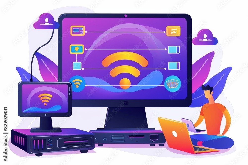 Poster vibrant digital workspace featuring advanced wi fi technology, focusing on the enhancement of creati