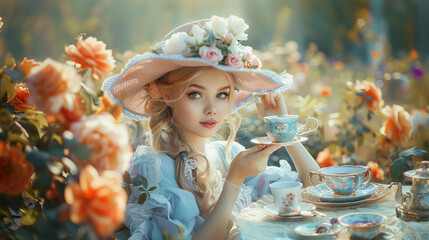 beautiful blonde woman with fantasy Victoria tea party, Alice in wonderland theme